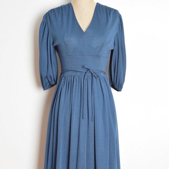 vintage 70s dress navy blue disco surplice deep V midi dress S M - Picture 2 of 7